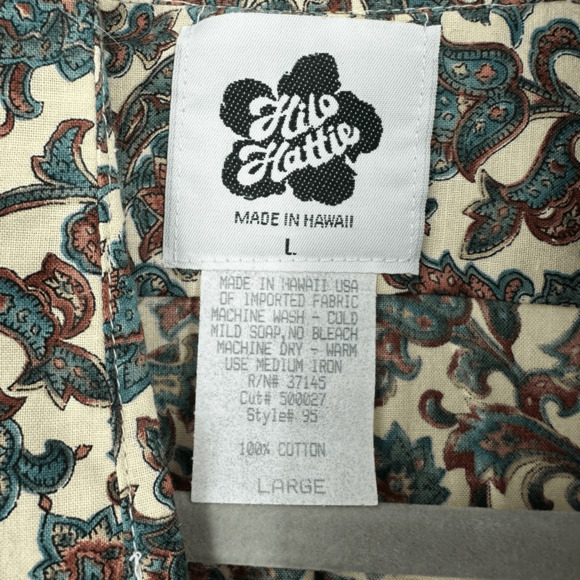 Vintage Hilo Hattie Hawaiian Mens Shirt Size L Floral Cream Green Vacation - Picture 2 of 7